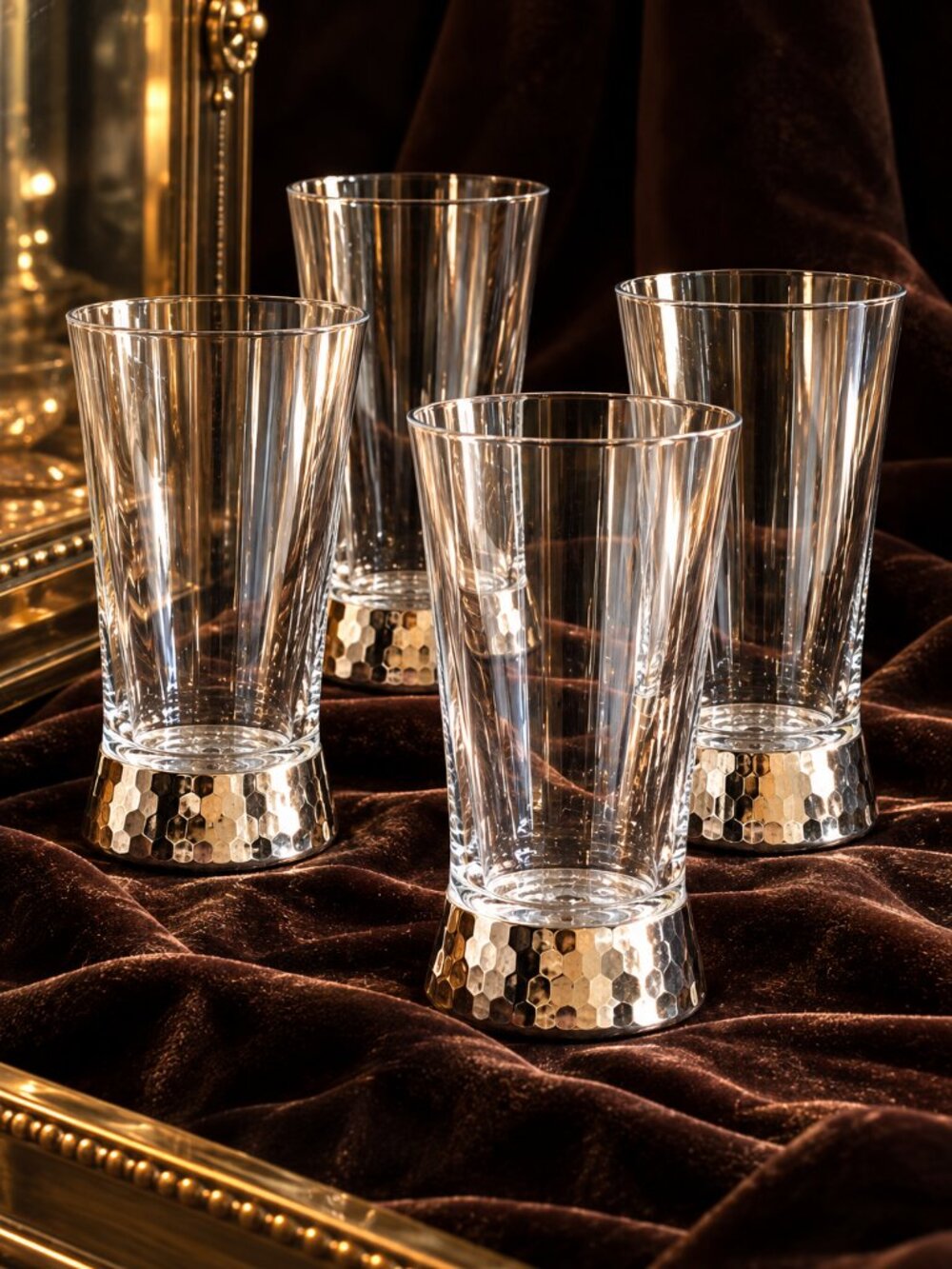 Set of 4 Vintage Tall Highball Cocktail Glasses With Hammered Silver Base